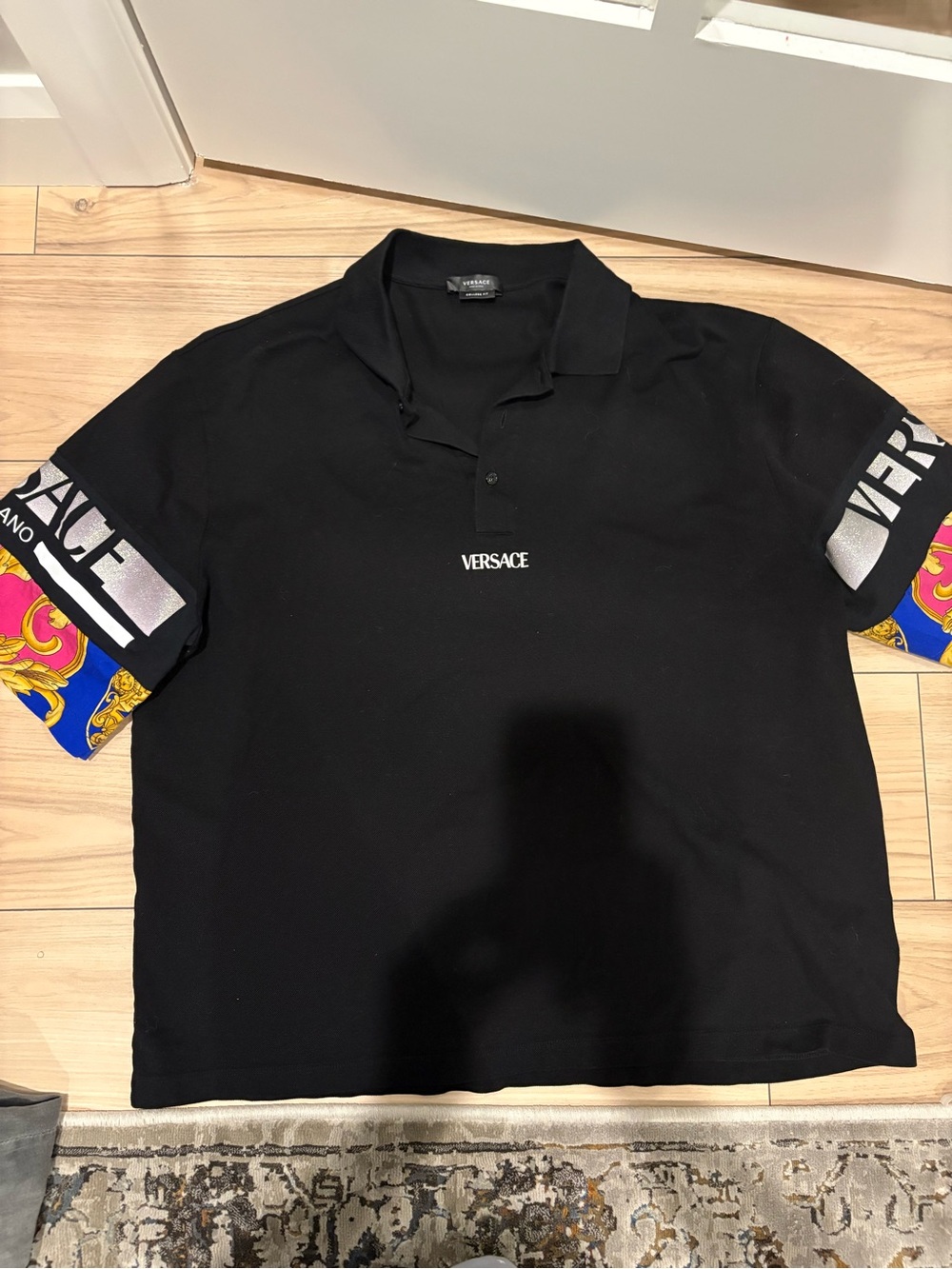 Versace Black Polo Shirt with Baroque Sleeve Detail